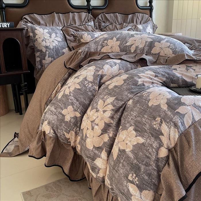 91家纺网 家纺一手货源 找家纺 丝芙妮家居（原乐视家纺） 2025新款A类原麻复合印花花边四件套 漫步花庭