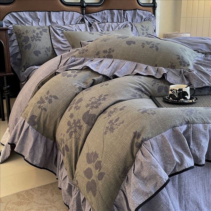 91家纺网 家纺一手货源 找家纺 丝芙妮家居（原乐视家纺） 2025新款A类原麻复合印花花边四件套 夜色未央