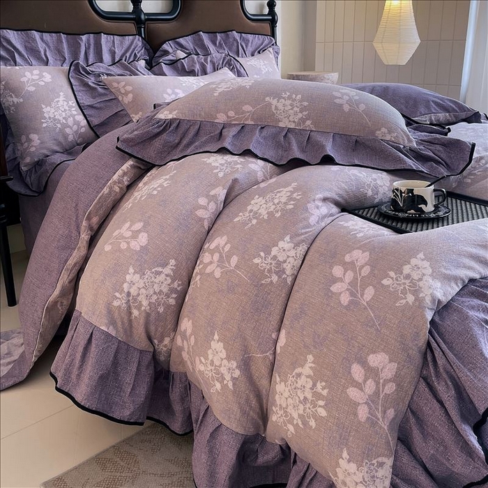 91家纺网 家纺一手货源 找家纺 丝芙妮家居（原乐视家纺） 2025新款A类原麻复合印花花边四件套 花畔呢喃