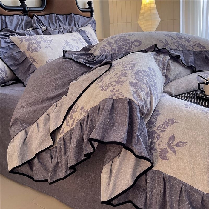 91家纺网 家纺一手货源 找家纺 丝芙妮家居（原乐视家纺） 2025新款A类原麻复合印花花边四件套 梦幻花园