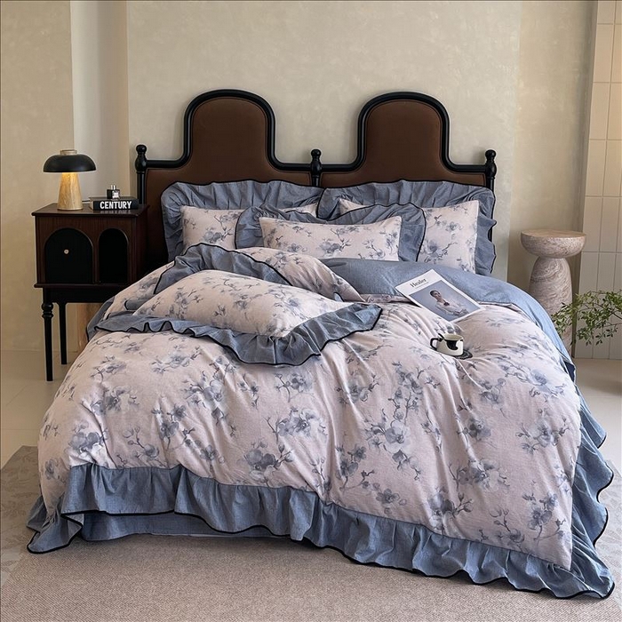 91家纺网 家纺一手货源 找家纺 丝芙妮家居（原乐视家纺） 2025新款A类原麻复合印花花边四件套 暗香疏影