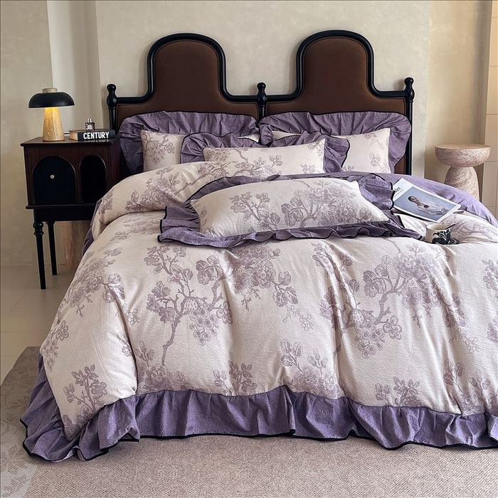 91家纺网 家纺一手货源 找家纺 丝芙妮家居（原乐视家纺） 2025新款A类原麻复合印花花边四件套 月下繁花