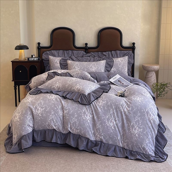 91家纺网 家纺一手货源 找家纺 丝芙妮家居（原乐视家纺） 2025新款A类原麻复合印花花边四件套 花屿梦