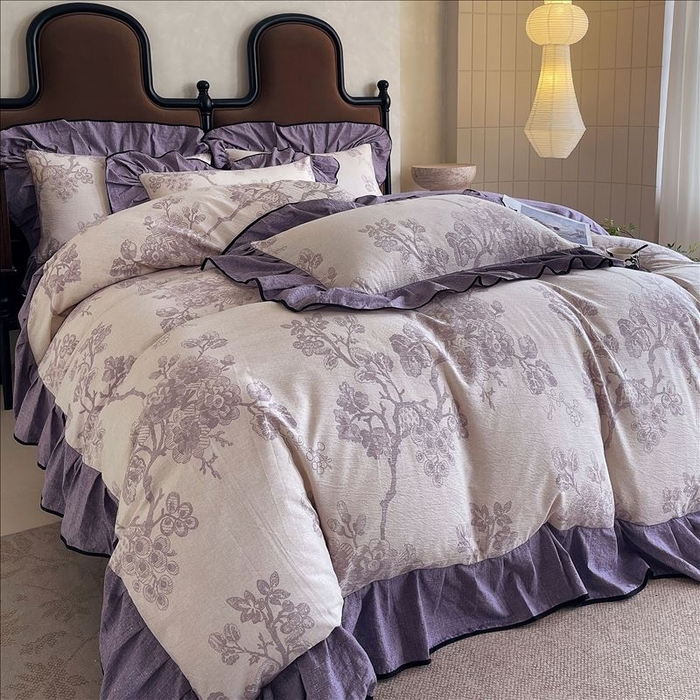 91家纺网 家纺一手货源 找家纺 丝芙妮家居（原乐视家纺） 2025新款A类原麻复合印花花边四件套 月下繁花