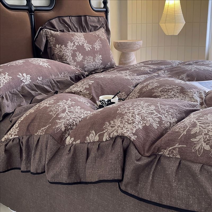 91家纺网 家纺一手货源 找家纺 丝芙妮家居（原乐视家纺） 2025新款A类原麻复合印花花边四件套 浅影摇