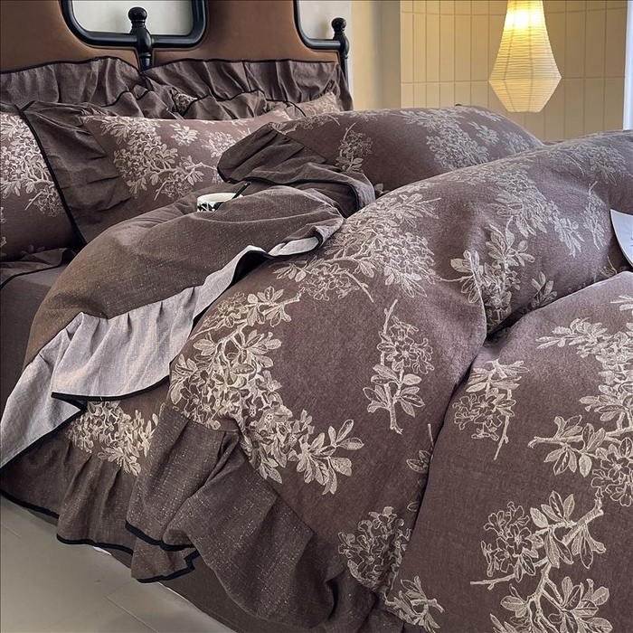 91家纺网 家纺一手货源 找家纺 丝芙妮家居（原乐视家纺） 2025新款A类原麻复合印花花边四件套 浅影摇