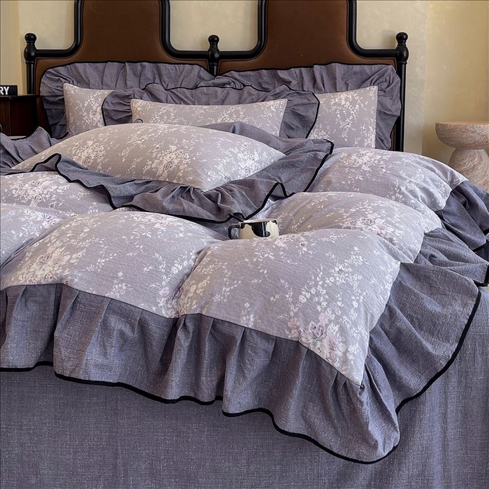 91家纺网 家纺一手货源 找家纺 丝芙妮家居（原乐视家纺） 2025新款A类原麻复合印花花边四件套 花屿梦