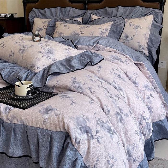 91家纺网 家纺一手货源 找家纺 丝芙妮家居（原乐视家纺） 2025新款A类原麻复合印花花边四件套 暗香疏影