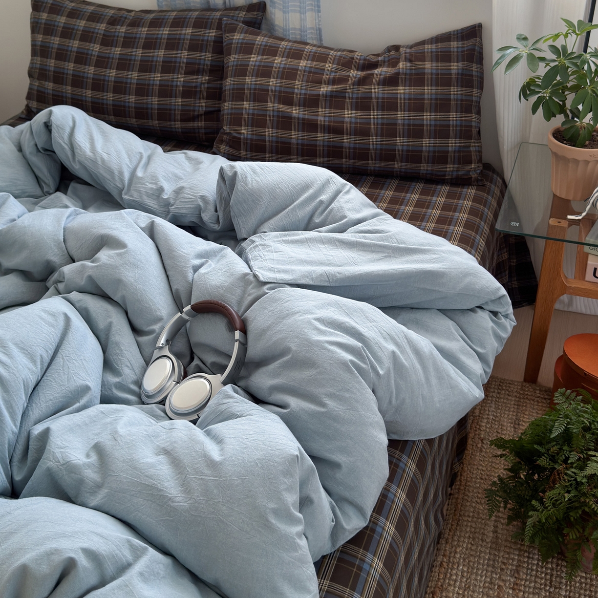 91家纺网 家纺一手货源 找家纺 （总）玖弘家居 2025新款纯色被套格子单混搭四件套