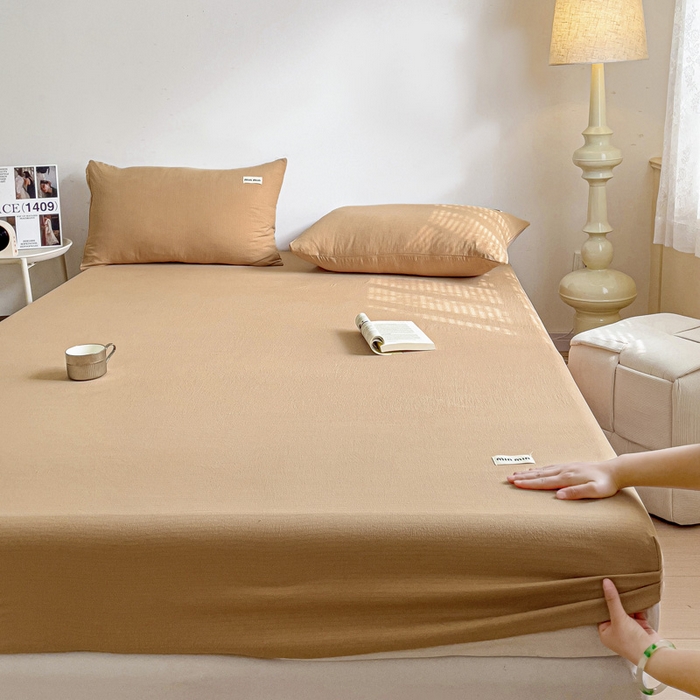 91家纺网 家纺一手货源 找家纺 澜妃 2025新款云感提花双层纱单床笠 床笠单件 黄驼泡泡