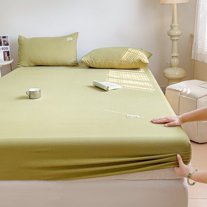 91家纺网 家纺一手货源 找家纺 澜妃 2025新款云感提花双层纱单床笠 床笠单件 芥末绿泡泡