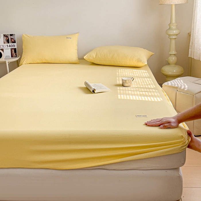 91家纺网 家纺一手货源 找家纺 澜妃 2025新款云感提花双层纱单床笠 床笠单件 米黄泡泡