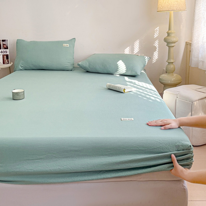 91家纺网 家纺一手货源 找家纺 澜妃 2025新款云感提花双层纱单床笠 床笠单件 青绿泡泡