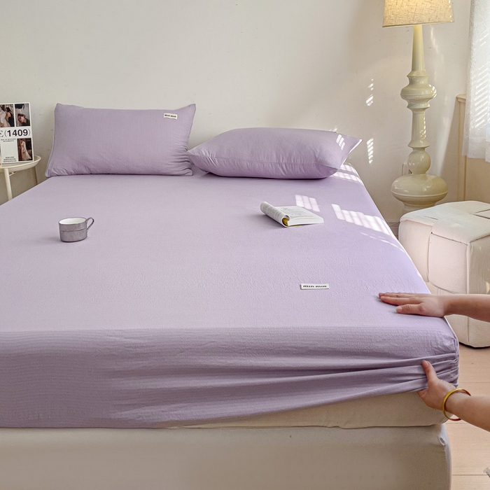 91家纺网 家纺一手货源 找家纺 澜妃 2025新款云感提花双层纱单床笠 床笠单件 青紫泡泡