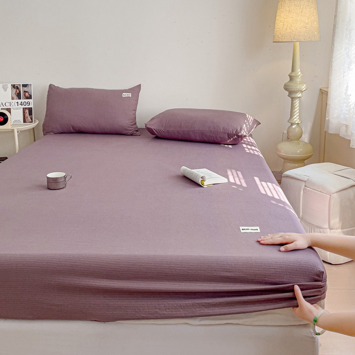 91家纺网 家纺一手货源 找家纺 澜妃 2025新款云感提花双层纱单床笠 床笠单件 紫色泡泡