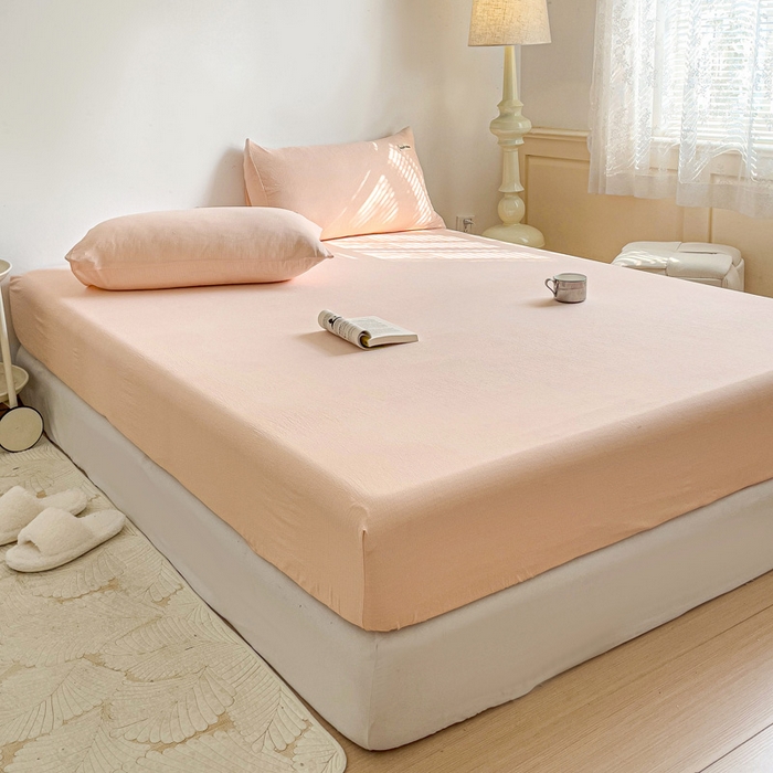 91家纺网 家纺一手货源 找家纺 澜妃 2025新款云感提花双层纱单床笠 床笠单件 瓷玉泡泡