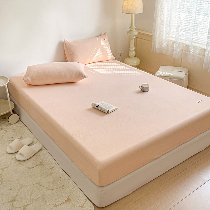 91家纺网 家纺一手货源 找家纺 澜妃 2025新款云感提花双层纱单床笠 床笠单件 瓷玉泡泡