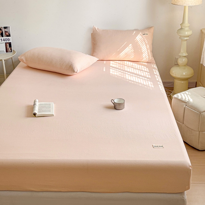 91家纺网 家纺一手货源 找家纺 澜妃 2025新款云感提花双层纱单床笠 床笠单件 瓷玉泡泡