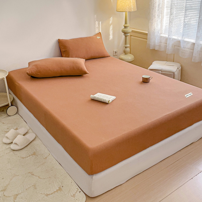 91家纺网 家纺一手货源 找家纺 澜妃 2025新款云感提花双层纱单床笠 床笠单件 红棕泡泡