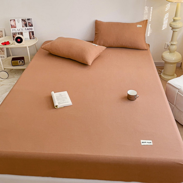 91家纺网 家纺一手货源 找家纺 澜妃 2025新款云感提花双层纱单床笠 床笠单件 红棕泡泡