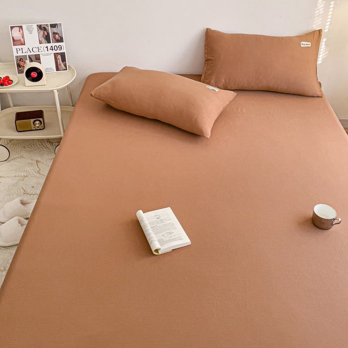 91家纺网 家纺一手货源 找家纺 澜妃 2025新款云感提花双层纱单床笠 床笠单件 红棕泡泡