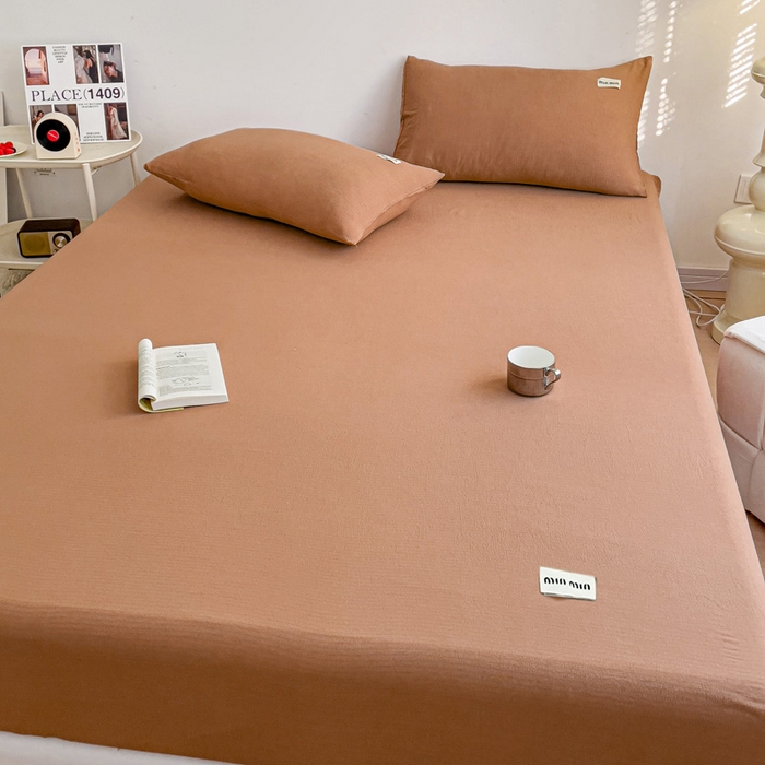 91家纺网 家纺一手货源 找家纺 澜妃 2025新款云感提花双层纱单床笠 床笠单件 红棕泡泡