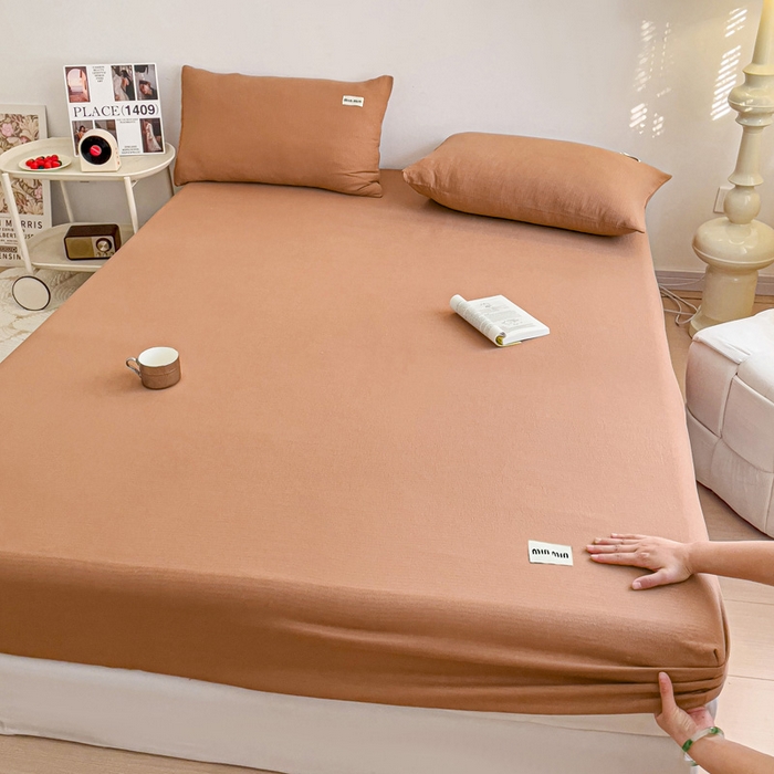 91家纺网 家纺一手货源 找家纺 澜妃 2025新款云感提花双层纱单床笠 床笠单件 红棕泡泡