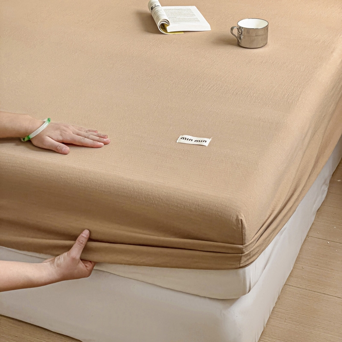 91家纺网 家纺一手货源 找家纺 澜妃 2025新款云感提花双层纱单床笠 床笠单件 黄驼泡泡