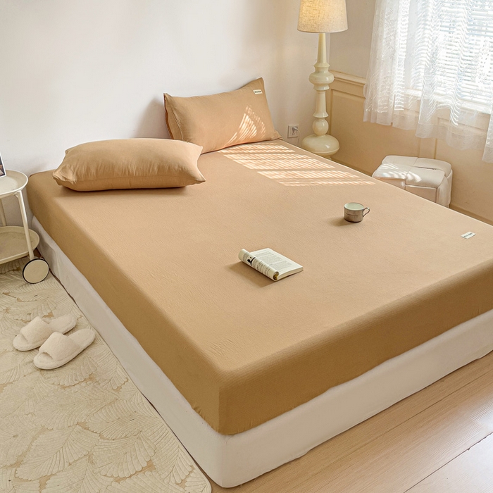 91家纺网 家纺一手货源 找家纺 澜妃 2025新款云感提花双层纱单床笠 床笠单件 黄驼泡泡