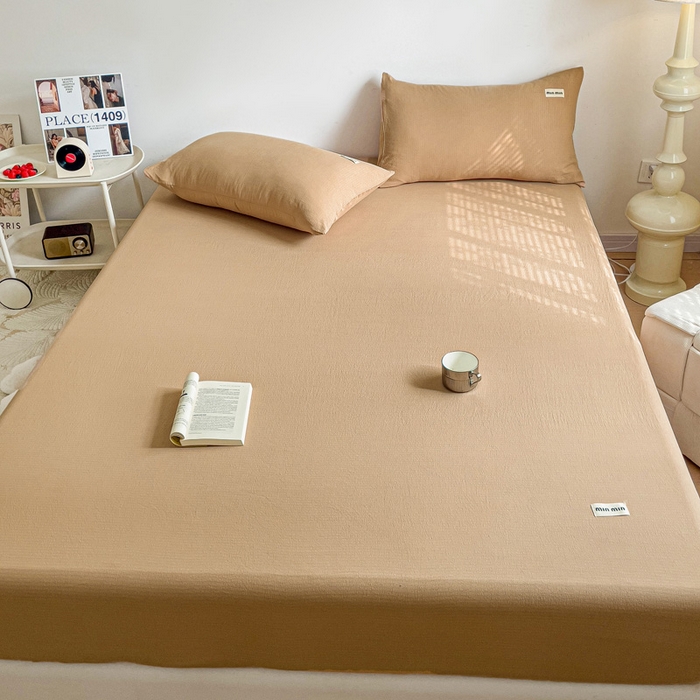 91家纺网 家纺一手货源 找家纺 澜妃 2025新款云感提花双层纱单床笠 床笠单件 黄驼泡泡