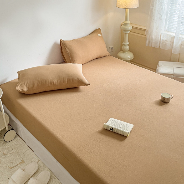 91家纺网 家纺一手货源 找家纺 澜妃 2025新款云感提花双层纱单床笠 床笠单件 黄驼泡泡