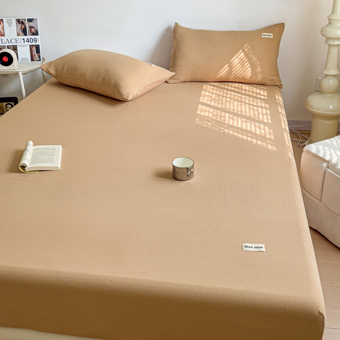 91家纺网 家纺一手货源 找家纺 澜妃 2025新款云感提花双层纱单床笠 床笠单件 黄驼泡泡