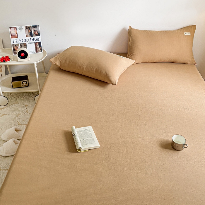 91家纺网 家纺一手货源 找家纺 澜妃 2025新款云感提花双层纱单床笠 床笠单件 黄驼泡泡