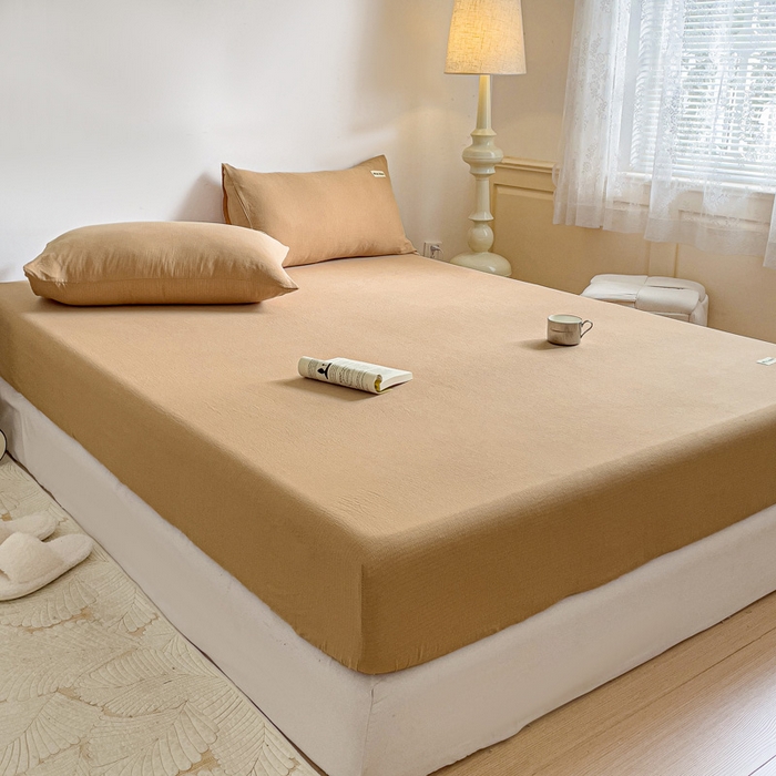 91家纺网 家纺一手货源 找家纺 澜妃 2025新款云感提花双层纱单床笠 床笠单件 黄驼泡泡