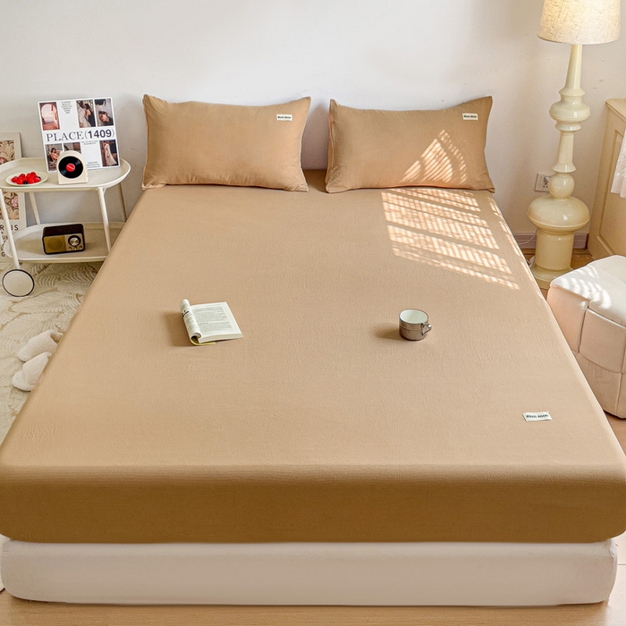 91家纺网 家纺一手货源 找家纺 澜妃 2025新款云感提花双层纱单床笠 床笠单件 黄驼泡泡