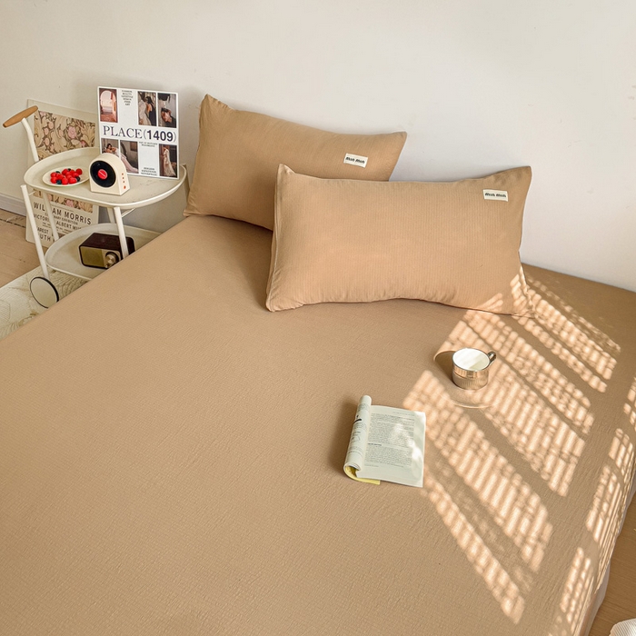 91家纺网 家纺一手货源 找家纺 澜妃 2025新款云感提花双层纱单床笠 床笠单件 黄驼泡泡