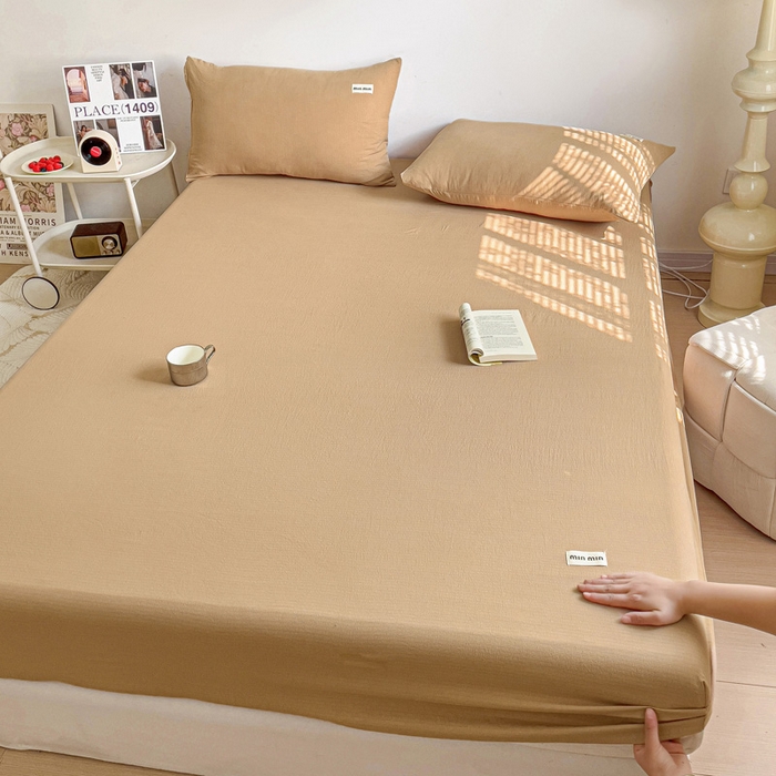 91家纺网 家纺一手货源 找家纺 澜妃 2025新款云感提花双层纱单床笠 床笠单件 黄驼泡泡