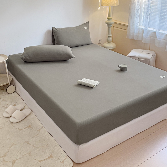 91家纺网 家纺一手货源 找家纺 澜妃 2025新款云感提花双层纱单床笠 床笠单件 灰色泡泡