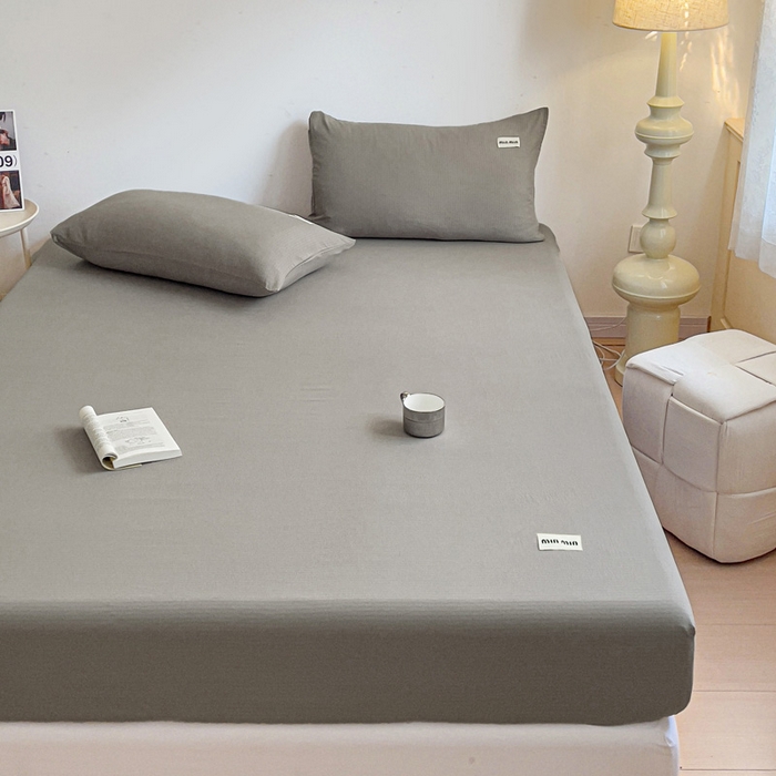 91家纺网 家纺一手货源 找家纺 澜妃 2025新款云感提花双层纱单床笠 床笠单件 灰色泡泡