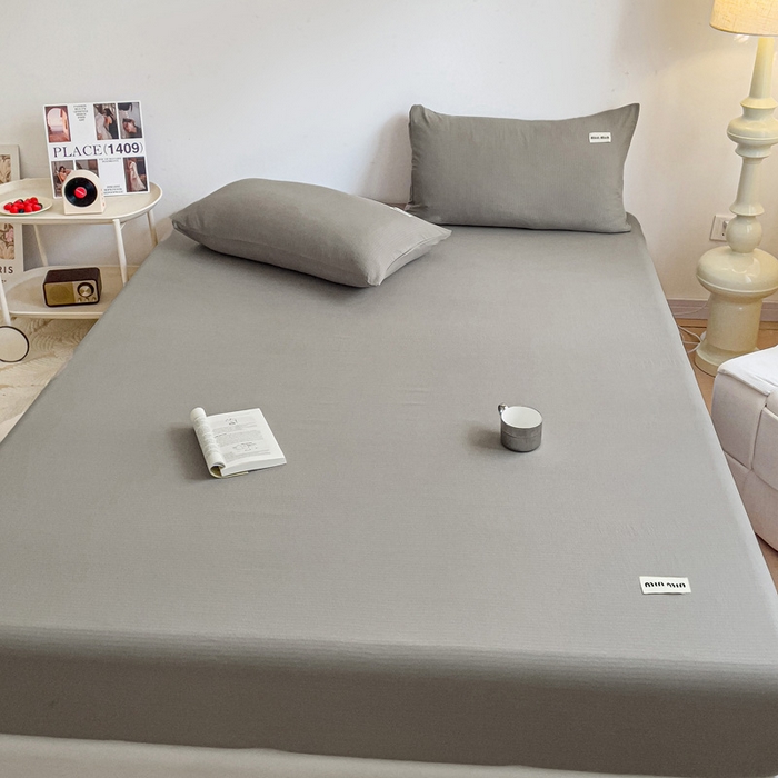 91家纺网 家纺一手货源 找家纺 澜妃 2025新款云感提花双层纱单床笠 床笠单件 灰色泡泡