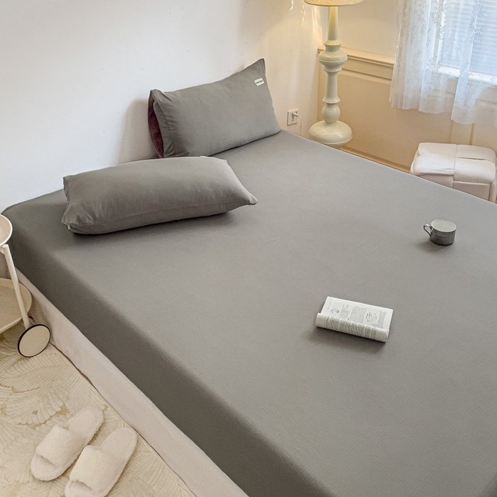 91家纺网 家纺一手货源 找家纺 澜妃 2025新款云感提花双层纱单床笠 床笠单件 灰色泡泡