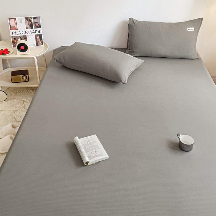 91家纺网 家纺一手货源 找家纺 澜妃 2025新款云感提花双层纱单床笠 床笠单件 灰色泡泡