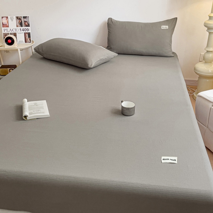 91家纺网 家纺一手货源 找家纺 澜妃 2025新款云感提花双层纱单床笠 床笠单件 灰色泡泡