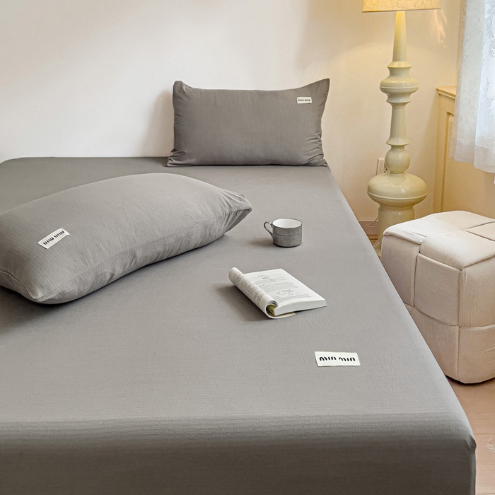 91家纺网 家纺一手货源 找家纺 澜妃 2025新款云感提花双层纱单床笠 床笠单件 灰色泡泡