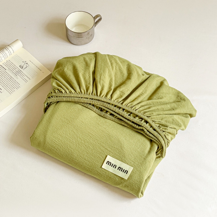 91家纺网 家纺一手货源 找家纺 澜妃 2025新款云感提花双层纱单床笠 床笠单件 芥末绿泡泡