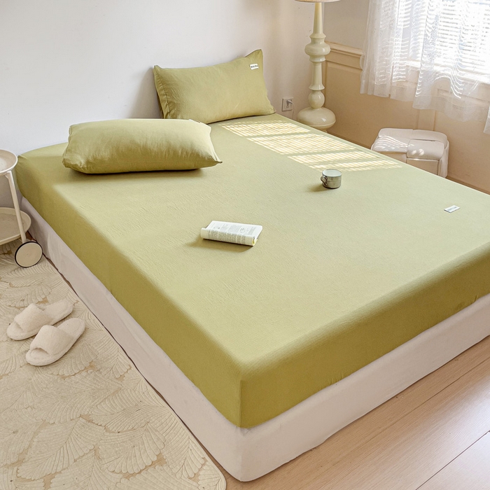 91家纺网 家纺一手货源 找家纺 澜妃 2025新款云感提花双层纱单床笠 床笠单件 芥末绿泡泡