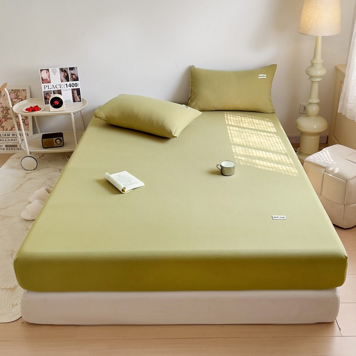 91家纺网 家纺一手货源 找家纺 澜妃 2025新款云感提花双层纱单床笠 床笠单件 芥末绿泡泡