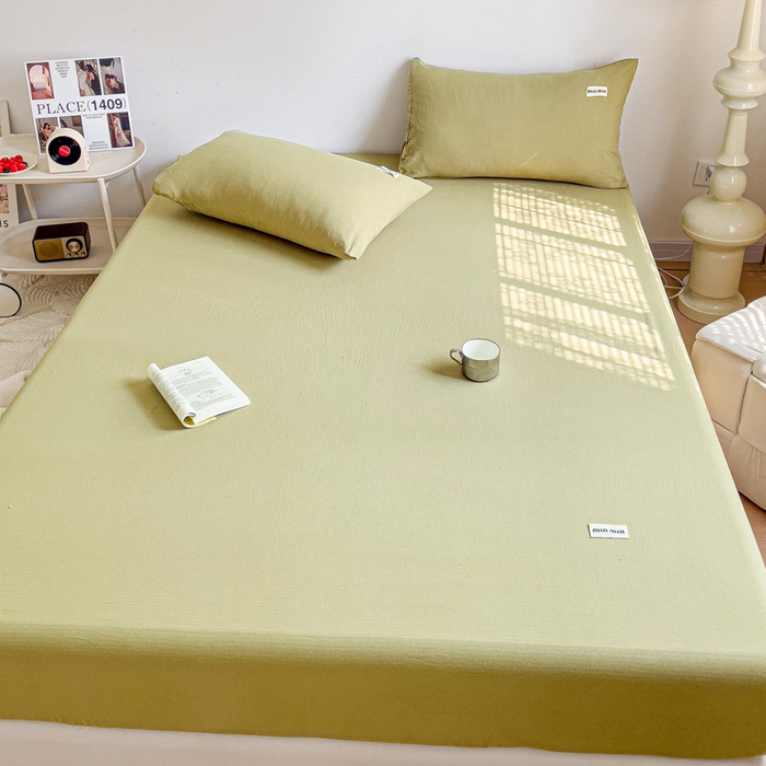 91家纺网 家纺一手货源 找家纺 澜妃 2025新款云感提花双层纱单床笠 床笠单件 芥末绿泡泡