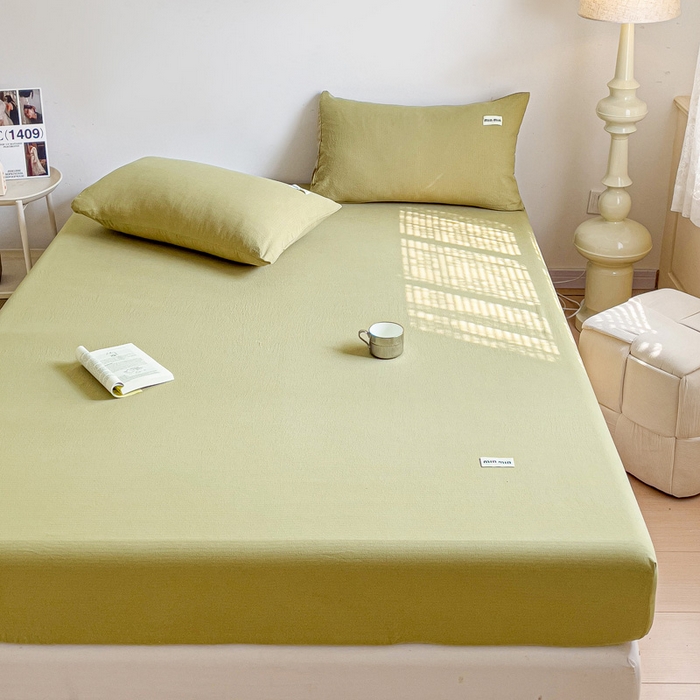 91家纺网 家纺一手货源 找家纺 澜妃 2025新款云感提花双层纱单床笠 床笠单件 芥末绿泡泡