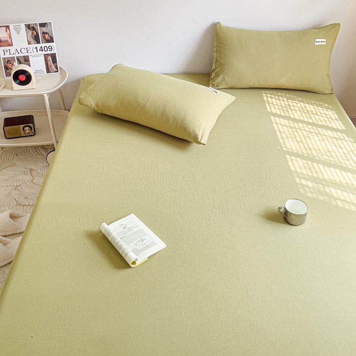 91家纺网 家纺一手货源 找家纺 澜妃 2025新款云感提花双层纱单床笠 床笠单件 芥末绿泡泡